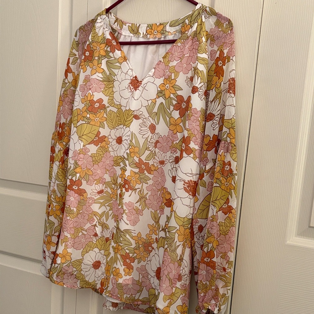 Size large Floral V-Neck Blouse and cream, green and pink